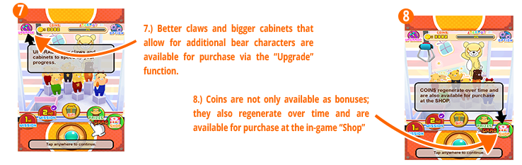 Better claws and bigger cabinets that allow for additional bear characters are available for purchase via the “Upgrade” function. Coins are not only available as bonuses; they also regenerate over time and are available for purchase at the in-game “Shop”